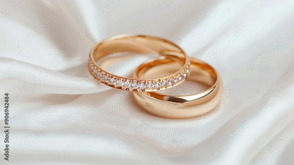 Close-up of elegant diamond-studded gold rings on a silky fabric, luxury, jewelry Close-up of elegant diamond-studded gold rings on a silky fabric, luxury, jewelry