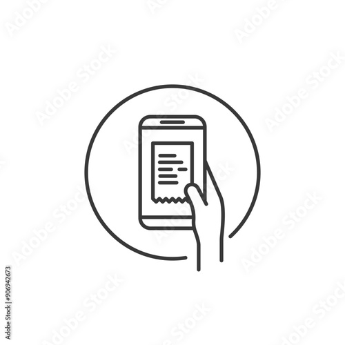 Online payment graphic resource. Illustration of payment made online simbolizes by a hand holding a cell phone with display shown of receipt paper. Label of virtual transaction or trade or online shop