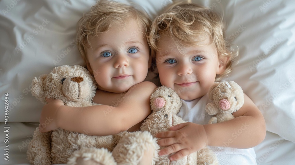 Twin toddlers with matching blue eyes cuddle their stuffed animals. AI. Twin toddlers with matching blue eyes cuddle their stuffed animals. AI.