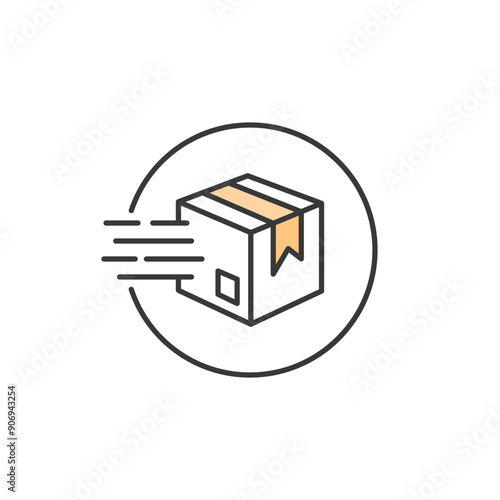 Shipping box icon. Picture of package in box with flash effect describing it has been ship and on the way to the customer. Illustration of a box in a circle.