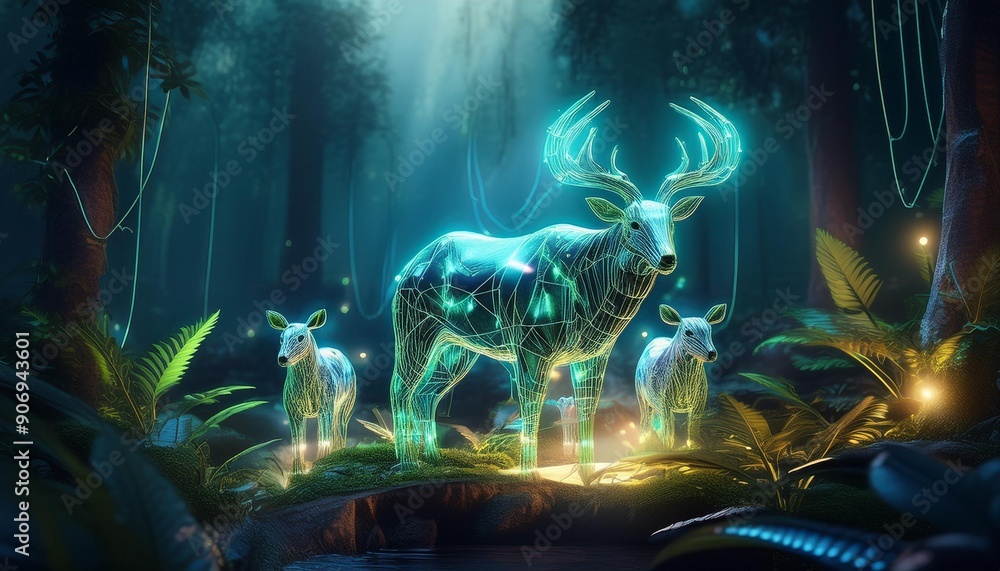 Fototapeta premium A tech-savvy wildlife scene where animals are integrated with subtle electric elements, harmonizing with their natural environment.