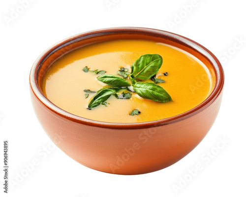 A bowl of soup with a green leaf on top. The soup is orange and has a creamy texture