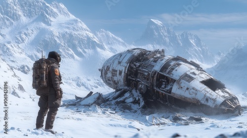 Explorer standing before a crashed spaceship in snowy mountains, highlighting adventure and cold tones in high resolution.