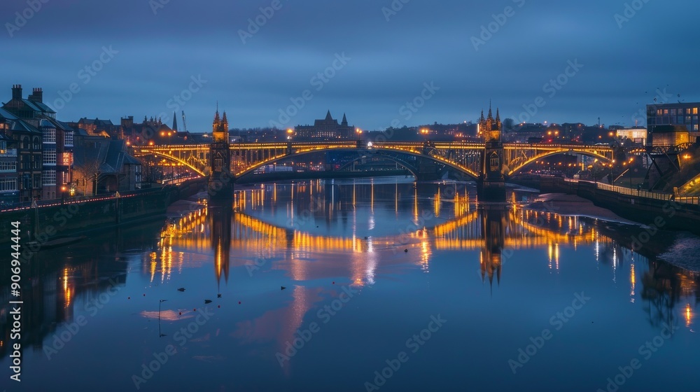 Obraz premium Illuminated Bridge and Cityscape Reflection in the Water at Dusk.