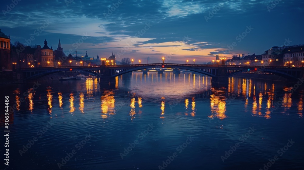 Fototapeta premium City Bridge at Sunset with Reflections in Water.