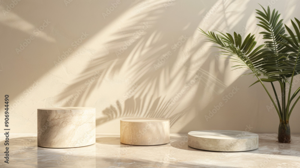 Stone Platforms with Palm Leaf Shadows in Minimalist Setting Stone Platforms with Palm Leaf Shadows in Minimalist Setting