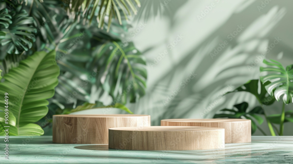 Wooden Platform Display with Green Plant Background Wooden Platform Display with Green Plant Background