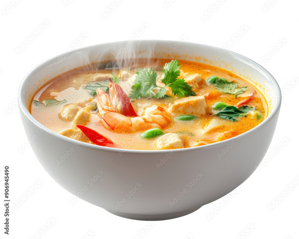 A bowl of soup with shrimp and cilantro. The soup is hot and steamy. The bowl is red and has a pattern on it A bowl of soup with shrimp and cilantro. The soup is hot and steamy. The bowl is red and has a pattern on it