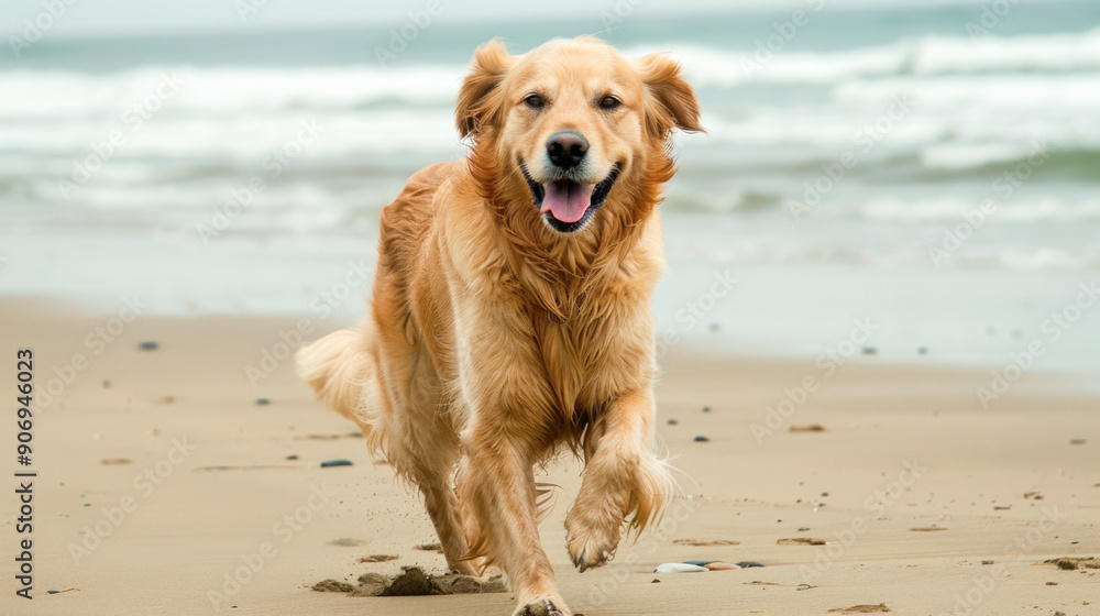 Golden retriever at the seaside on sandy beach