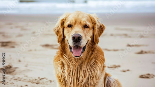 Golden retriever on beach with sea background