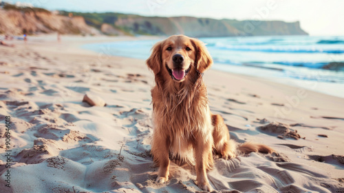 Golden retriever enjoying sandy beach with sea view