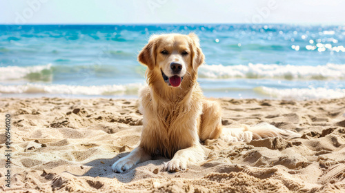 Golden retriever enjoying sandy beach with sea view