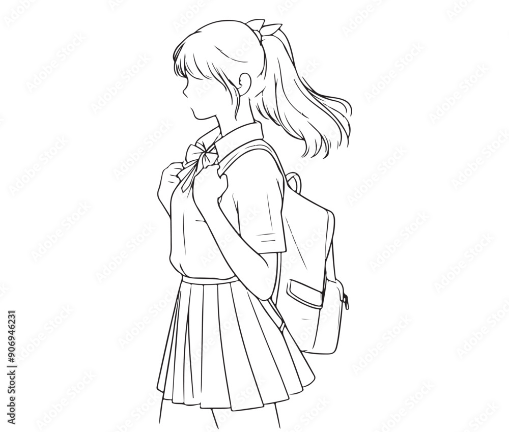 Schoolgirl with backpack, sketch. lineart Schoolgirl with backpack, sketch. lineart