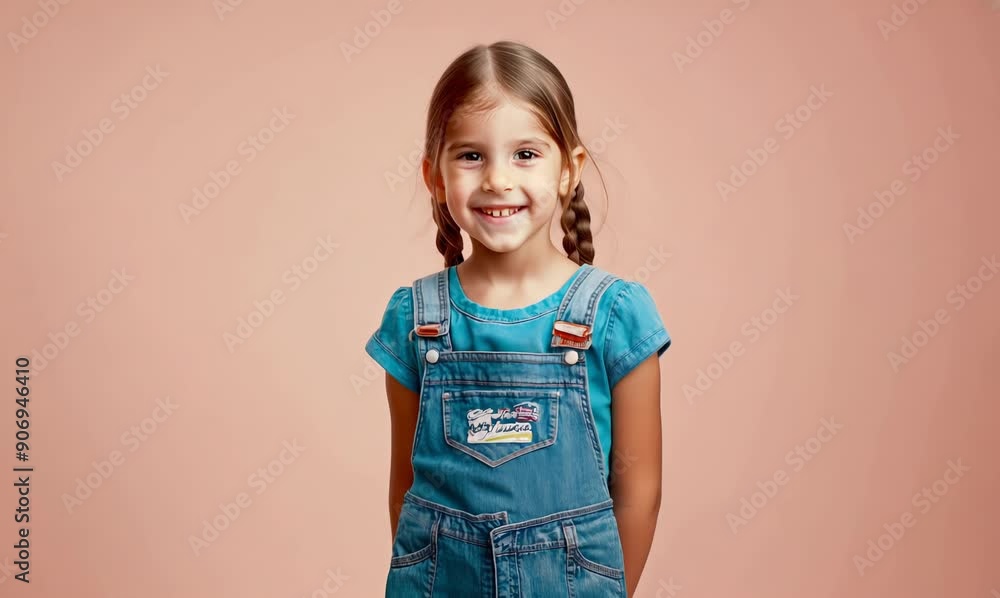 Portrait of a little girl in a denim overalls on a pink background Portrait of a little girl in a denim overalls on a pink background