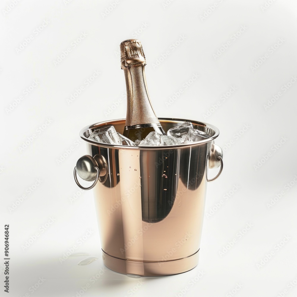 Medium shot of a Champagne bottle in the bucket full with ice, isolated on a white background,