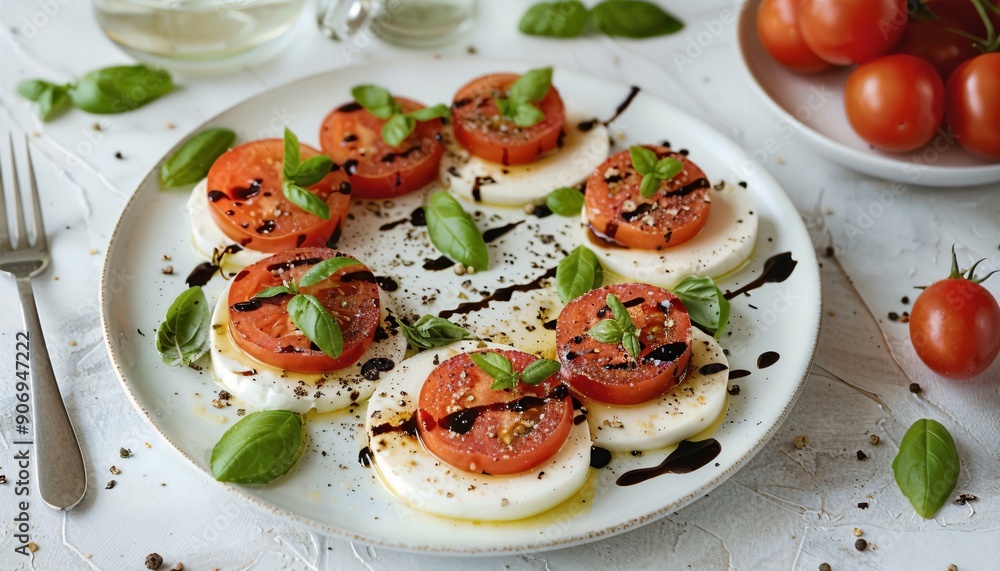 a white plate topped with sliced tomatoes and hard boiled eggs a white plate topped with sliced tomatoes and hard boiled eggs