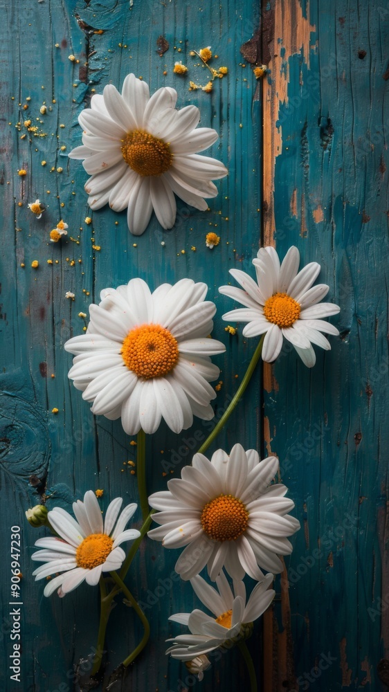 Fototapeta premium Daisy Atop a Rustic Wooden Background, Capturing the Essence of Spring in a Natural Aesthetic Overhead View