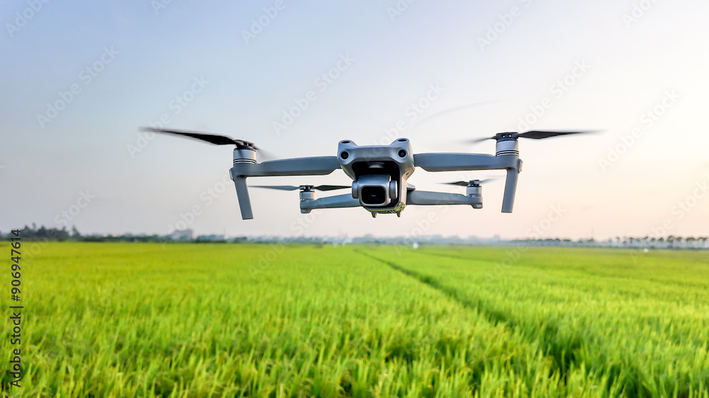 Aerial drone hovers over a lush green field, symbolizing innovative agricultural technology for modern farming solutions Aerial drone hovers over a lush green field, symbolizing innovative agricultural technology for modern farming solutions
