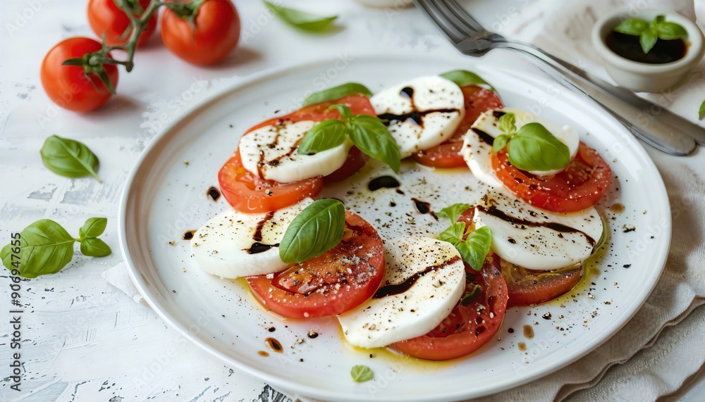 a white plate topped with sliced tomatoes and mozzarella a white plate topped with sliced tomatoes and mozzarella