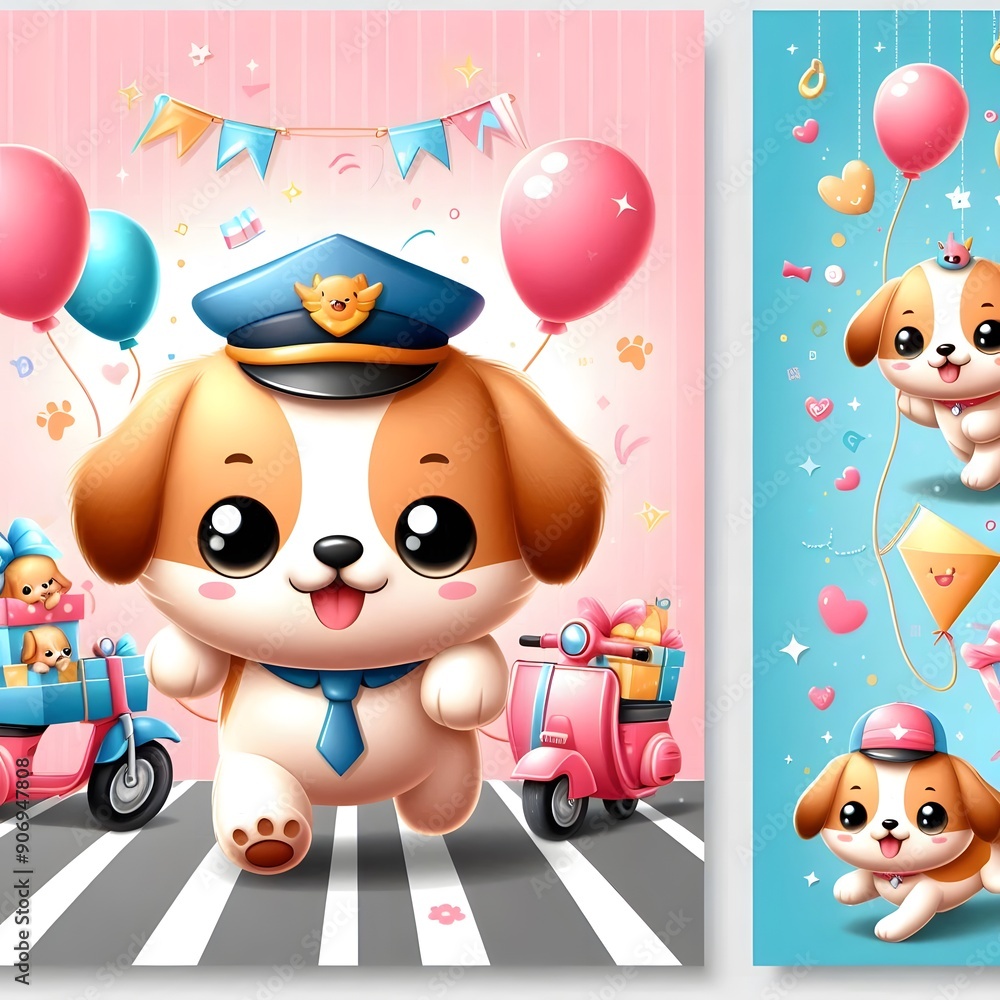 Cute Cartoon Puppy Wearing a Police Hat and Riding a Scooter