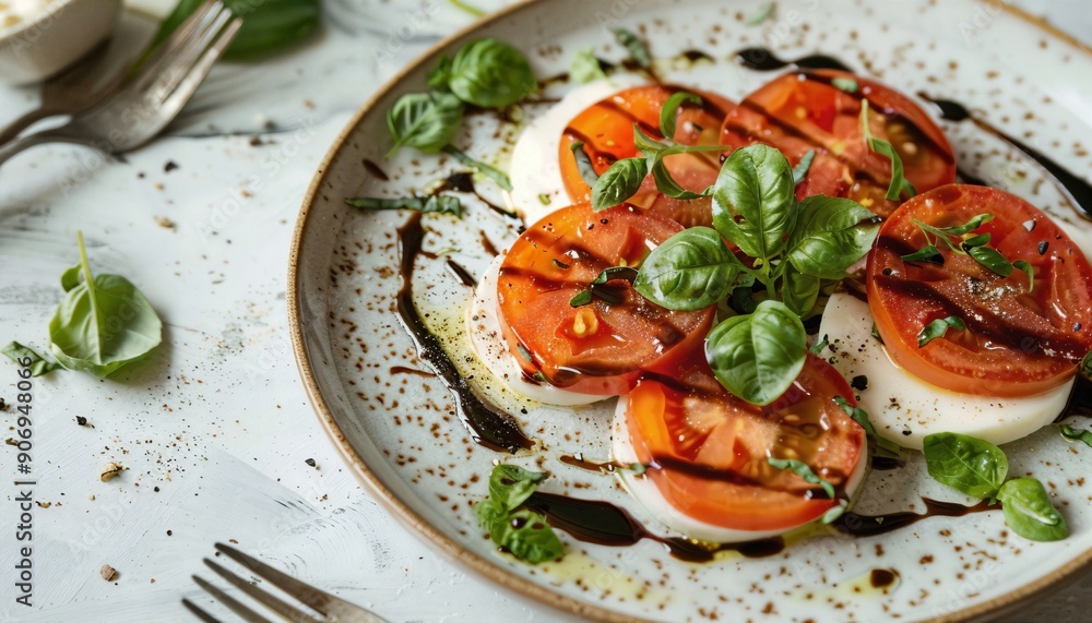 a white plate topped with sliced tomatoes and basil a white plate topped with sliced tomatoes and basil