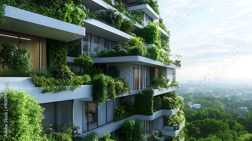 Sustainable urban housing with green tech, representing eco-friendly living.