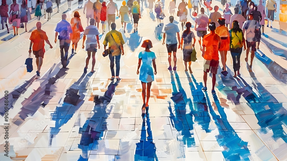 Obraz premium Vibrant Urban Scene People Walking Shadows Colorful Street. AI Generated