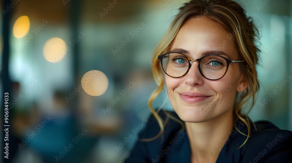 Charming Smiling Woman Glasses Relaxing Work Environment Natural Light Bokeh Background Confidence Professional Look. AI Generated Charming Smiling Woman Glasses Relaxing Work Environment Natural Light Bokeh Background Confidence Professional Look. AI Generated