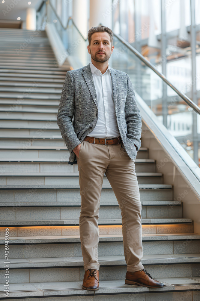 Professional Man in Formal Suit Standing on Corporate Building Steps Professional Man in Formal Suit Standing on Corporate Building Steps