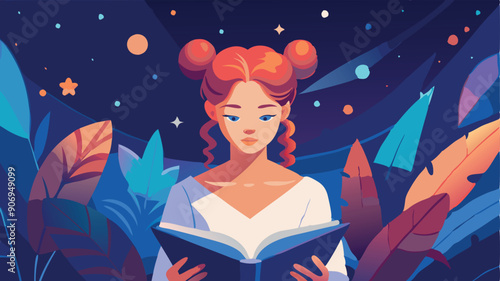 Girl with red hair reading a book with a vibrant space background featuring stars and planets. Bright colors, digital art style, for educational content, book covers, and posters.