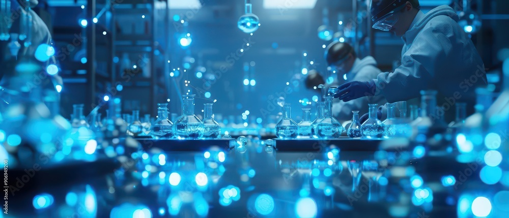 A mystical scene of scientists in a hightech lab blending supernatural ingredients to craft capsules that float and twinkle, high tech, with copy space A mystical scene of scientists in a hightech lab blending supernatural ingredients to craft capsules that float and twinkle, high tech, with copy space