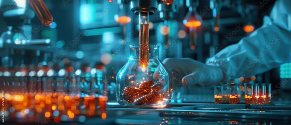 A mystical scene of scientists in a hightech lab blending supernatural ingredients to craft capsules that float and twinkle, high tech, with copy space A mystical scene of scientists in a hightech lab blending supernatural ingredients to craft capsules that float and twinkle, high tech, with copy space