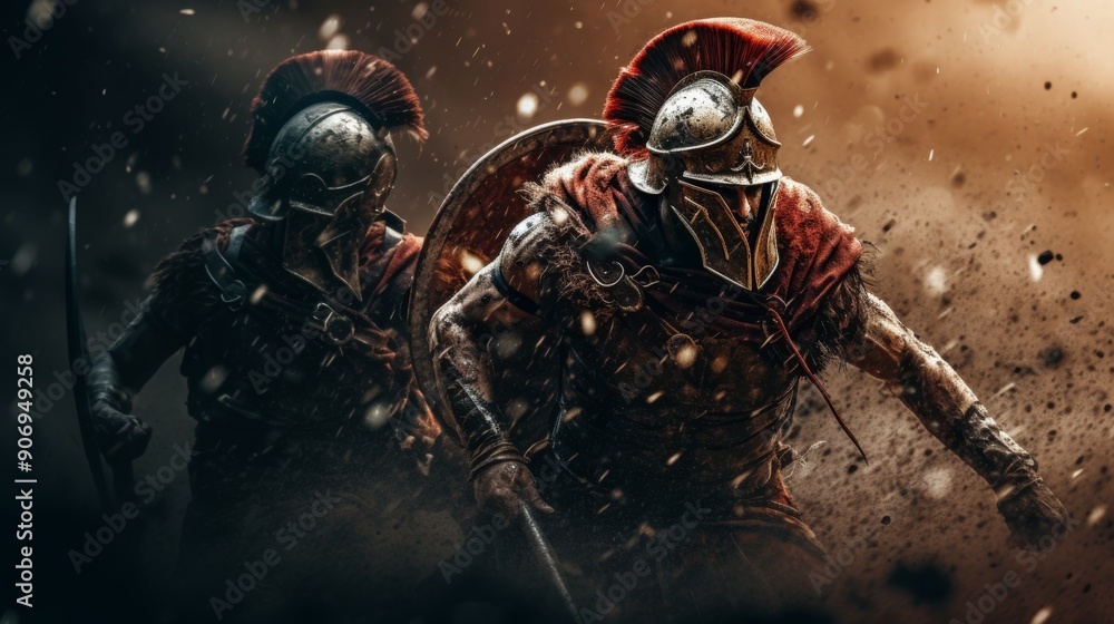 Obraz premium Ancient warriors duel to the death in spectacular arena battle with motion blur and bloodshed