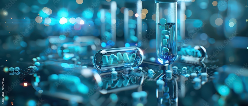 A peculiar research environment where pharmacologists use enchanted tools to produce medicine with holographic labels showing their mystical origins, high tech, with copy space A peculiar research environment where pharmacologists use enchanted tools to produce medicine with holographic labels showing their mystical origins, high tech, with copy space