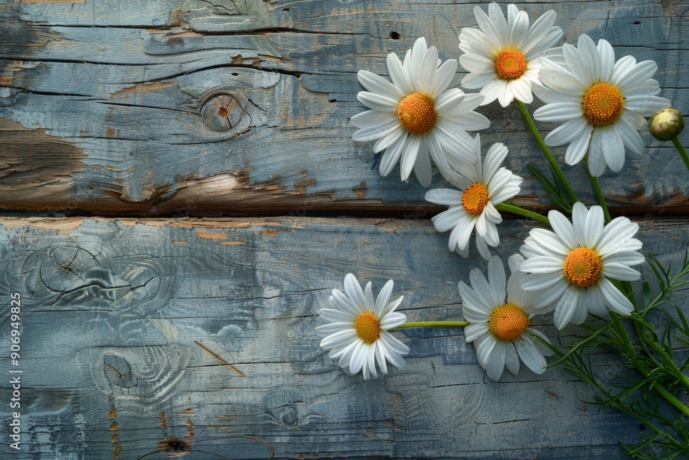 Obraz premium Daisy Atop a Rustic Wooden Background, Capturing the Essence of Spring in a Natural Aesthetic Overhead View