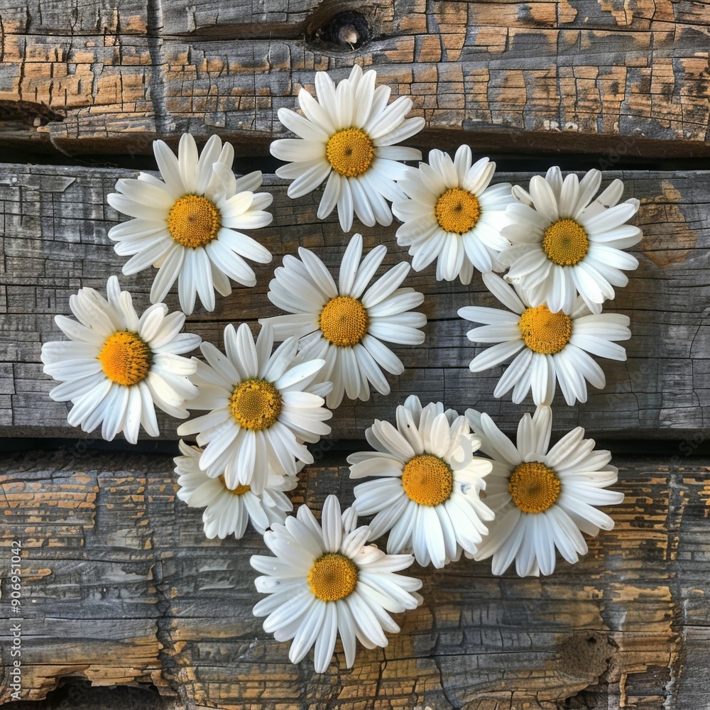 Obraz premium Daisy Atop a Rustic Wooden Background, Capturing the Essence of Spring in a Natural Aesthetic Overhead View