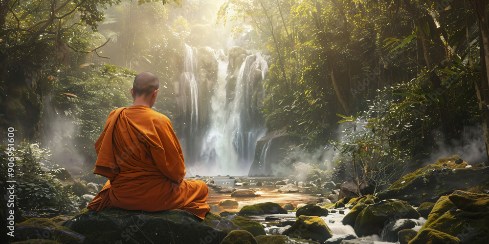 Monk in a zen meditation in a forest with waterfalls. Monk in a zen meditation in a forest with waterfalls.