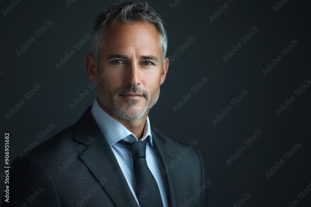 A confident, mature man with gray hair and a beard wearing a dark suit and tie against a dark background A confident, mature man with gray hair and a beard wearing a dark suit and tie against a dark background