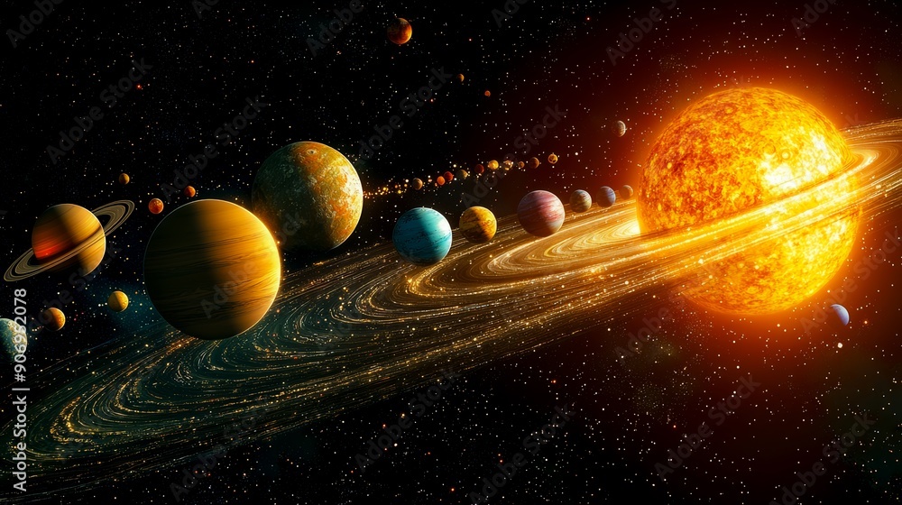 Fototapeta premium A vibrant depiction of the solar system with the sun at the center, surrounded by planets, rings, and stars in a cosmic backdrop
