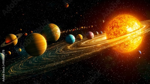 A vibrant depiction of the solar system with the sun at the center, surrounded by planets, rings, and stars in a cosmic backdrop