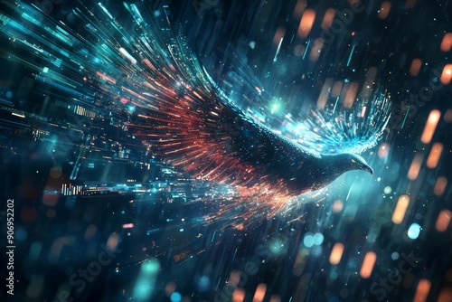 A vibrant, abstract depiction of a bird in flight, enhanced by dynamic, colorful light trails that create a sense of speed and energy
