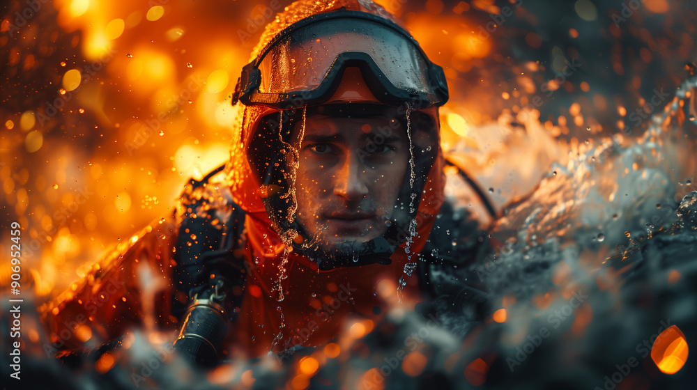 Brave firefighter in action amidst intense flames and water spray, showcasing courage, dedication, and the challenging nature of their work. Brave firefighter in action amidst intense flames and water spray, showcasing courage, dedication, and the challenging nature of their work.