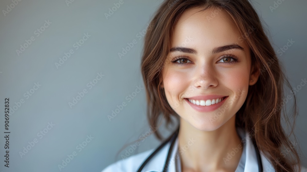A smiling young woman in a medical outfit, featuring a stethoscope around her neck, conveys both professionalism and warmth. A smiling young woman in a medical outfit, featuring a stethoscope around her neck, conveys both professionalism and warmth.