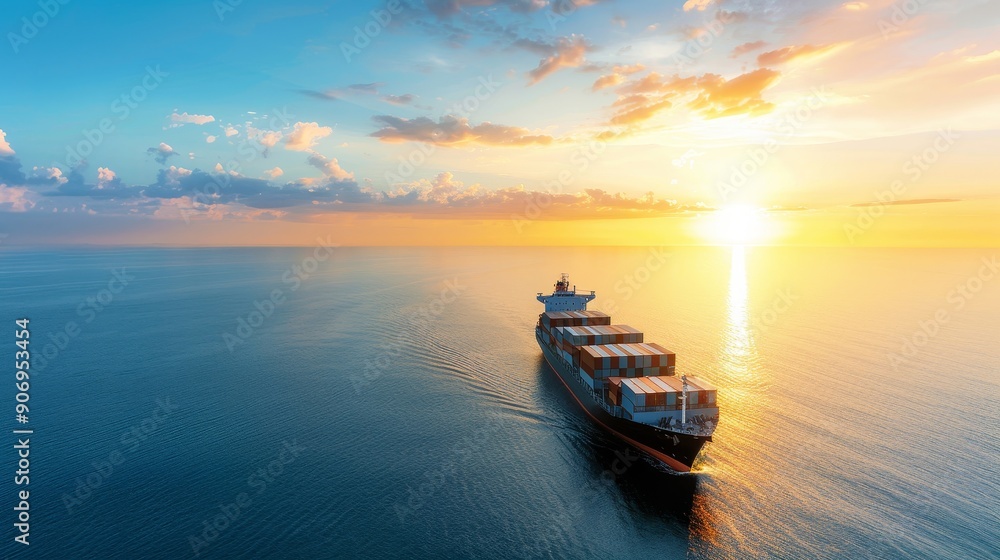 A large cargo ship is sailing through the ocean at sunset A large cargo ship is sailing through the ocean at sunset