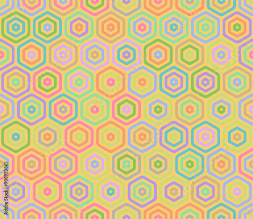 Seamless mosaic background. Bold rounded stacked hexagon cells. Honeycomb cells. Multiple tones color palette. Seamless pattern. Tileable vector illustration.