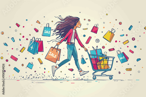 Cheerful Woman Shopping with Bags and Cart - Vector