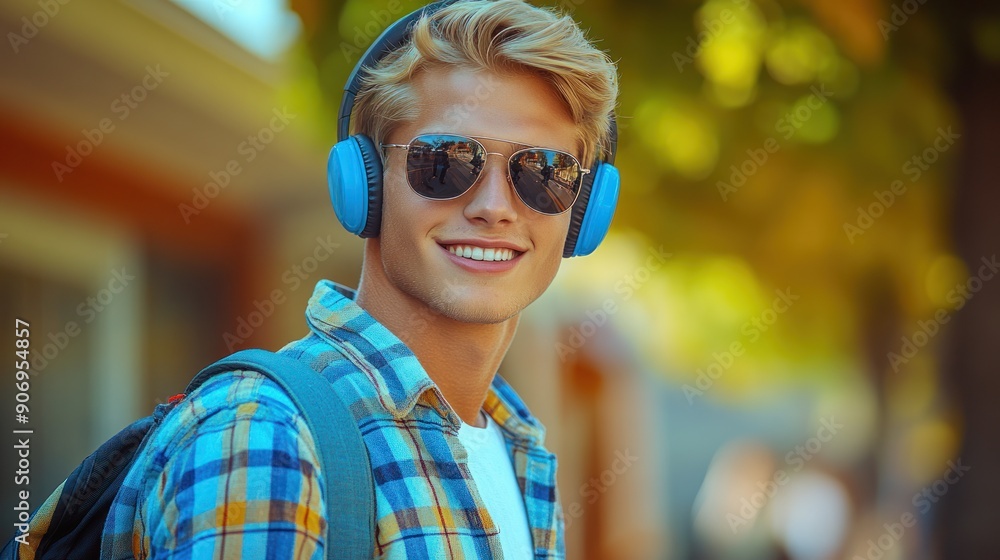 A young man enjoys music and sunshine in a lively park setting A young man enjoys music and sunshine in a lively park setting
