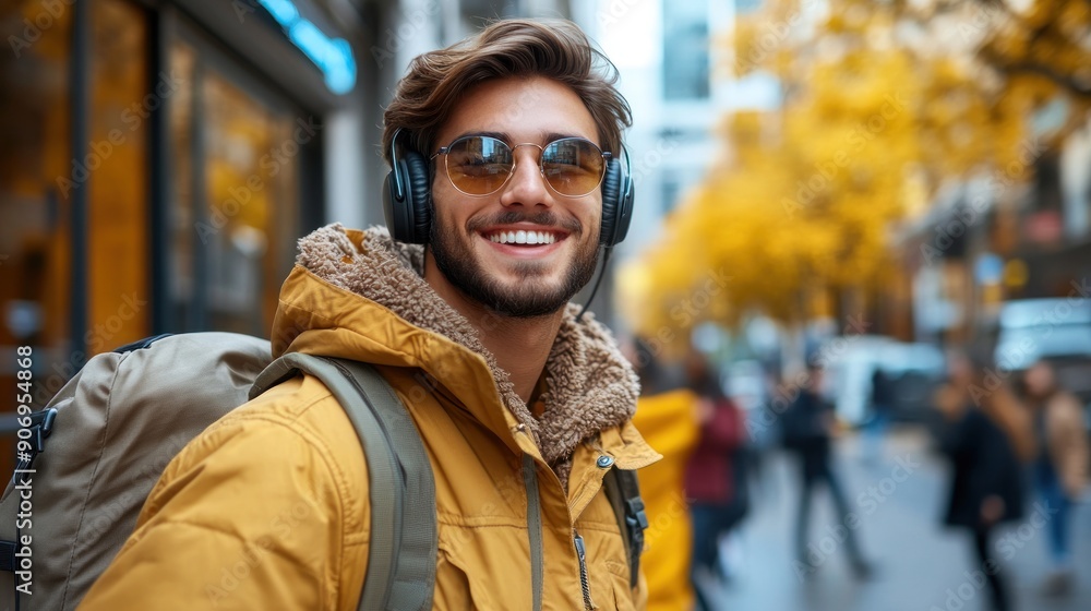 Young man smiles with confidence while walking through a vibrant autumn city street Young man smiles with confidence while walking through a vibrant autumn city street