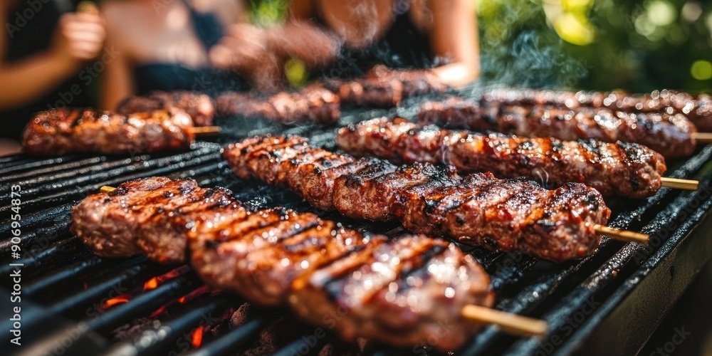 Friends enjoy grilling tasty skewers at a backyard barbecue in sunny weather Friends enjoy grilling tasty skewers at a backyard barbecue in sunny weather