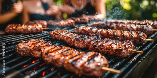 Wallpaper Mural Friends enjoy grilling tasty skewers at a backyard barbecue in sunny weather Torontodigital.ca